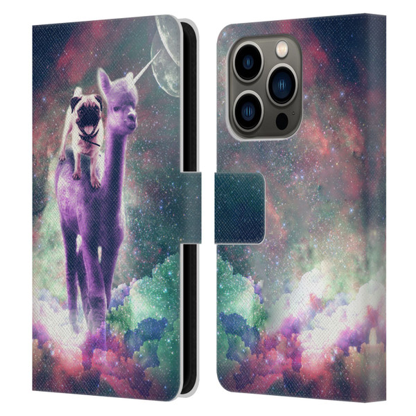 Random Galaxy Space Unicorn Ride Pug Riding Llama Leather Book Wallet Case Cover For Apple iPhone 14 Pro