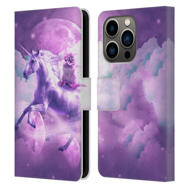Random Galaxy Space Unicorn Ride Purple Galaxy Cat Leather Book Wallet Case Cover For Apple iPhone 14 Pro