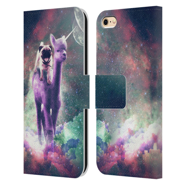 Random Galaxy Space Unicorn Ride Pug Riding Llama Leather Book Wallet Case Cover For Apple iPhone 6 / iPhone 6s
