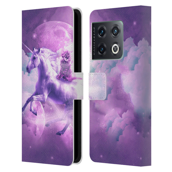 Random Galaxy Space Unicorn Ride Purple Galaxy Cat Leather Book Wallet Case Cover For OnePlus 10 Pro