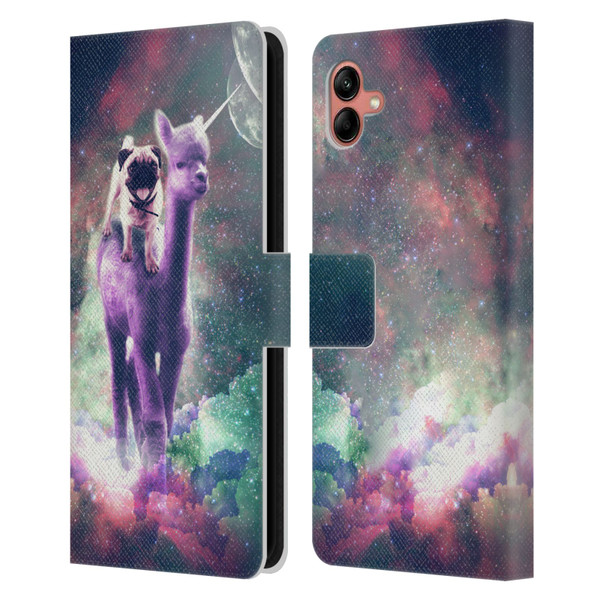 Random Galaxy Space Unicorn Ride Pug Riding Llama Leather Book Wallet Case Cover For Samsung Galaxy A04 (2022)
