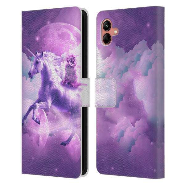 Random Galaxy Space Unicorn Ride Purple Galaxy Cat Leather Book Wallet Case Cover For Samsung Galaxy A04 (2022)