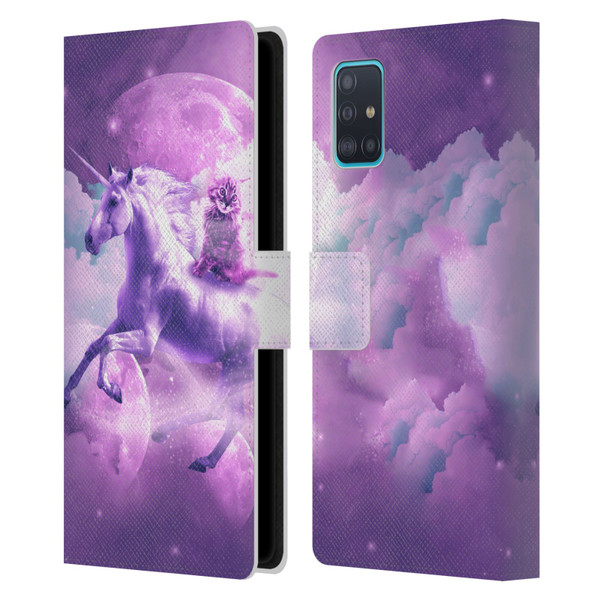 Random Galaxy Space Unicorn Ride Purple Galaxy Cat Leather Book Wallet Case Cover For Samsung Galaxy A51 (2019)