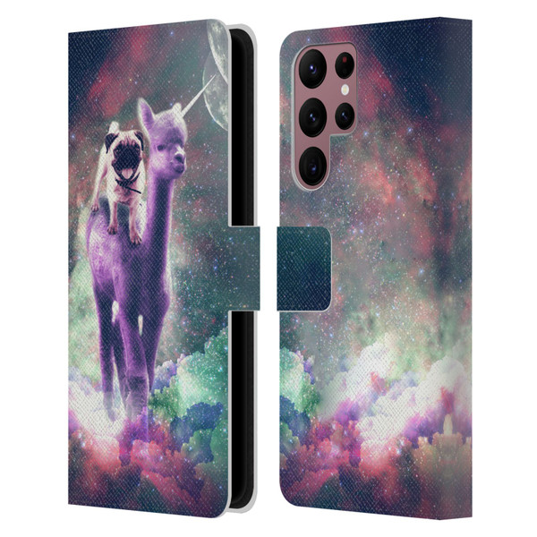 Random Galaxy Space Unicorn Ride Pug Riding Llama Leather Book Wallet Case Cover For Samsung Galaxy S22 Ultra 5G