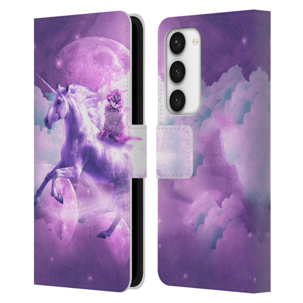 Random Galaxy Space Unicorn Ride Purple Galaxy Cat Leather Book Wallet Case Cover For Samsung Galaxy S23 5G