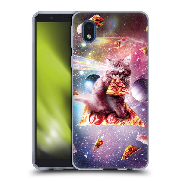 Random Galaxy Space Pizza Ride Outer Space Lazer Cat Soft Gel Case for Samsung Galaxy A01 Core (2020)