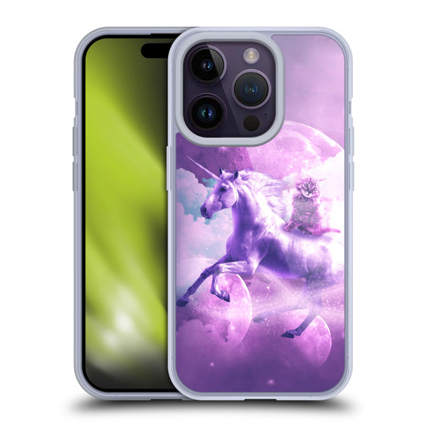 Random Galaxy Space Unicorn Ride Purple Galaxy Cat Soft Gel Case for Apple iPhone 14 Pro