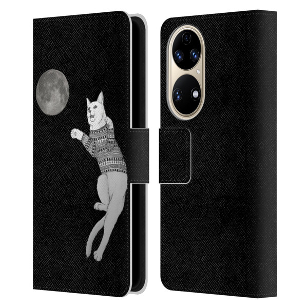 Barruf Animals Cat-ch The Moon Leather Book Wallet Case Cover For Huawei P50