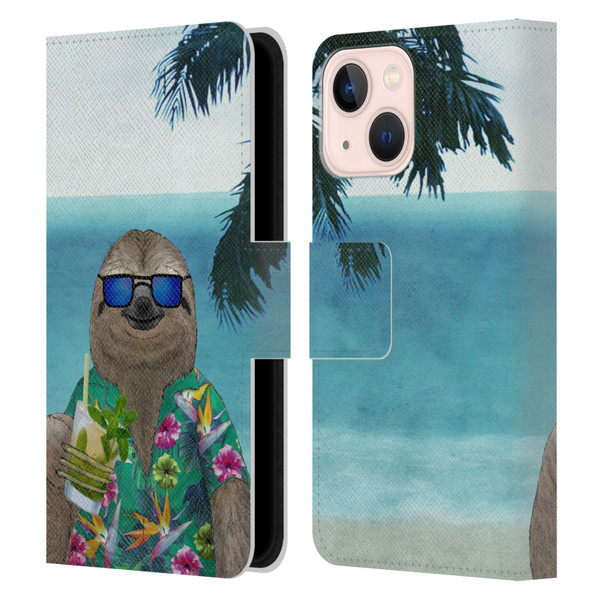 Barruf Animals Sloth In Summer Leather Book Wallet Case Cover For Apple iPhone 13 Mini