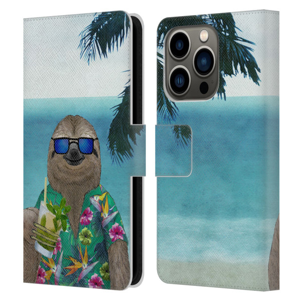 Barruf Animals Sloth In Summer Leather Book Wallet Case Cover For Apple iPhone 14 Pro