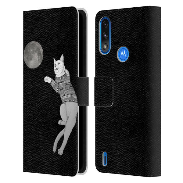 Barruf Animals Cat-ch The Moon Leather Book Wallet Case Cover For Motorola Moto E7 Power / Moto E7i Power