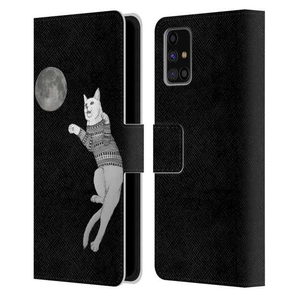 Barruf Animals Cat-ch The Moon Leather Book Wallet Case Cover For Samsung Galaxy M31s (2020)