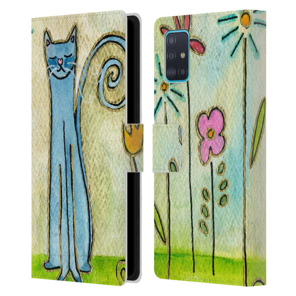 Wyanne Cat Blue Cat In The Flower Garden Leather Book Wallet Case Cover For Samsung Galaxy A51 (2019)