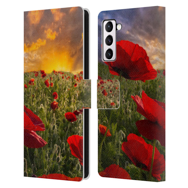 Celebrate Life Gallery Florals Red Flower Field Leather Book Wallet Case Cover For Samsung Galaxy S21+ 5G