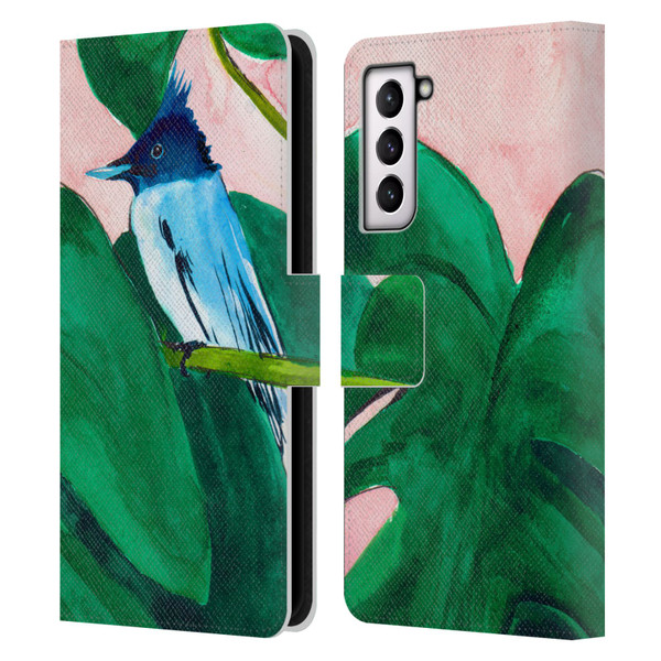 Mai Autumn Birds Monstera Plant Leather Book Wallet Case Cover For Samsung Galaxy S21 5G