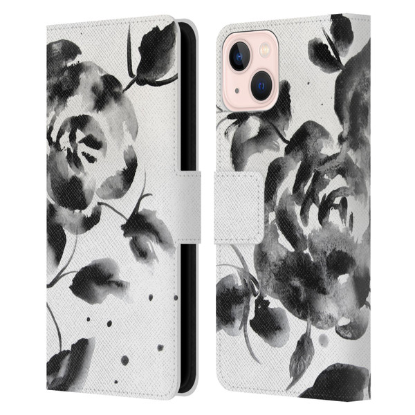 Mai Autumn Floral Blooms Black Beauty Leather Book Wallet Case Cover For Apple iPhone 13