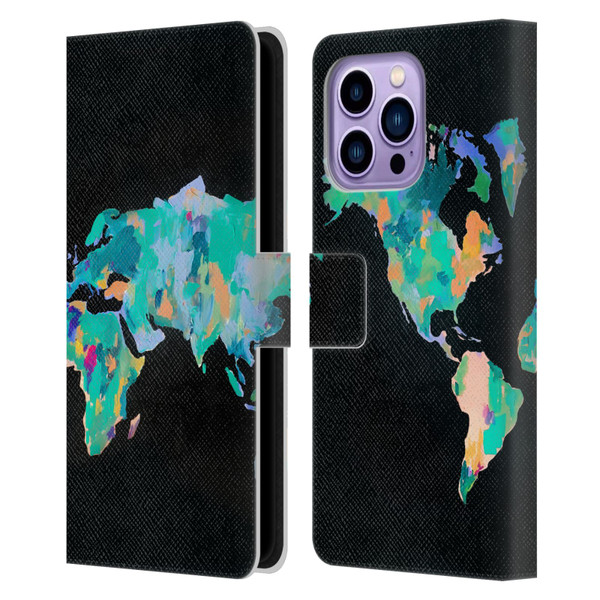 Mai Autumn Paintings World Map Leather Book Wallet Case Cover For Apple iPhone 14 Pro Max