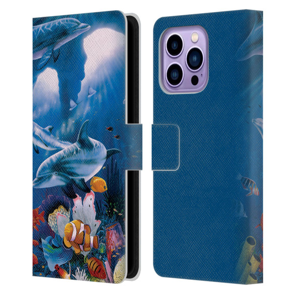 Graeme Stevenson Assorted Designs Dolphins Leather Book Wallet Case Cover For Apple iPhone 14 Pro Max