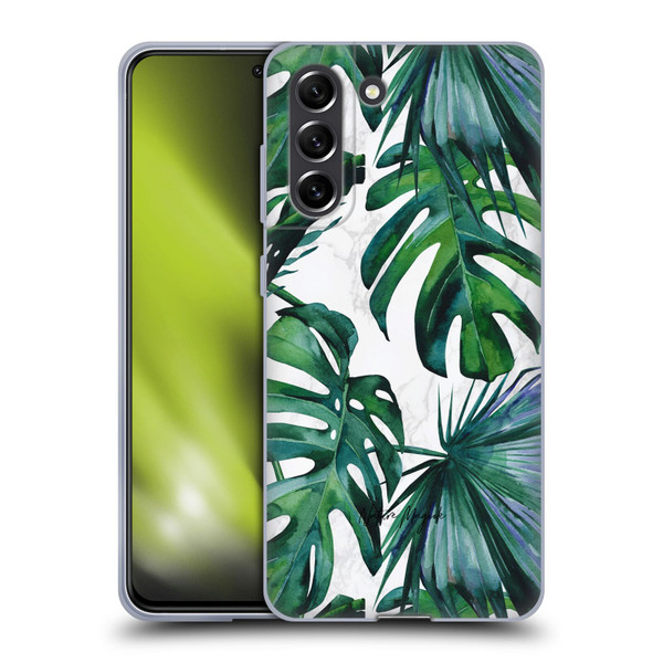 Nature Magick Tropical Palm Leaves On Marble Green Tropics Soft Gel Case for Samsung Galaxy S21 FE 5G