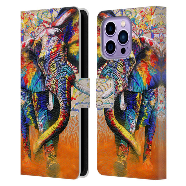 Graeme Stevenson Colourful Wildlife Elephant 4 Leather Book Wallet Case Cover For Apple iPhone 14 Pro Max