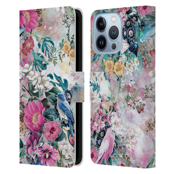 Riza Peker Florals Birds Leather Book Wallet Case Cover For Apple iPhone 13 Pro