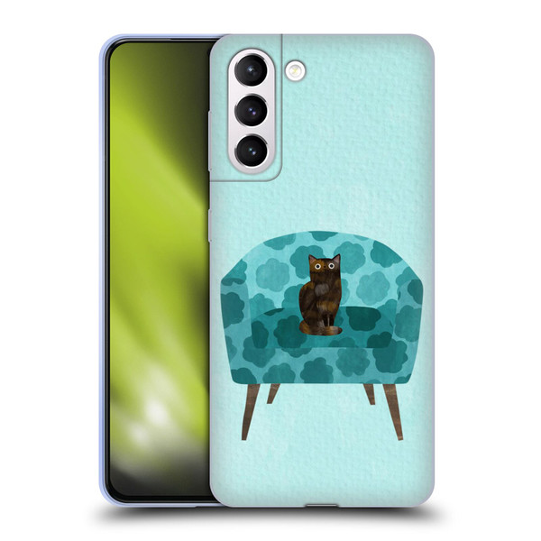 Planet Cat Arm Chair Teal Chair Cat Soft Gel Case for Samsung Galaxy S21+ 5G