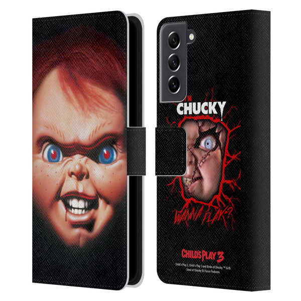 Child's Play III Key Art Doll Illustration Leather Book Wallet Case Cover For Samsung Galaxy S21 FE 5G