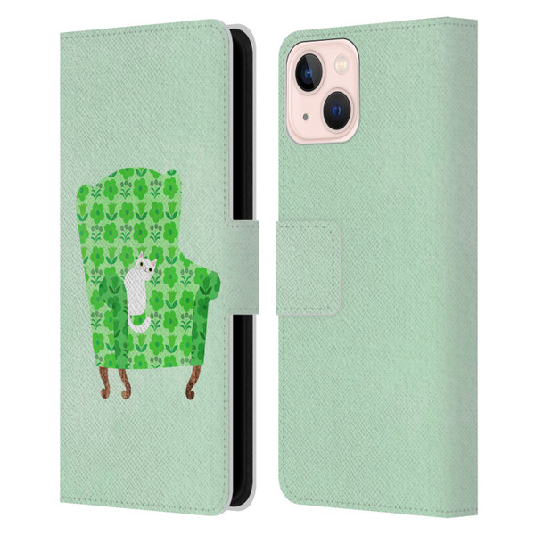 Planet Cat Arm Chair Spring Green Chair Cat Leather Book Wallet Case Cover For Apple iPhone 13