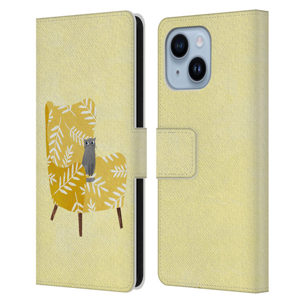 Planet Cat Arm Chair Mustard Chair Cat Leather Book Wallet Case Cover For Apple iPhone 14 Plus