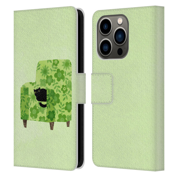 Planet Cat Arm Chair Pear Green Chair Cat Leather Book Wallet Case Cover For Apple iPhone 14 Pro