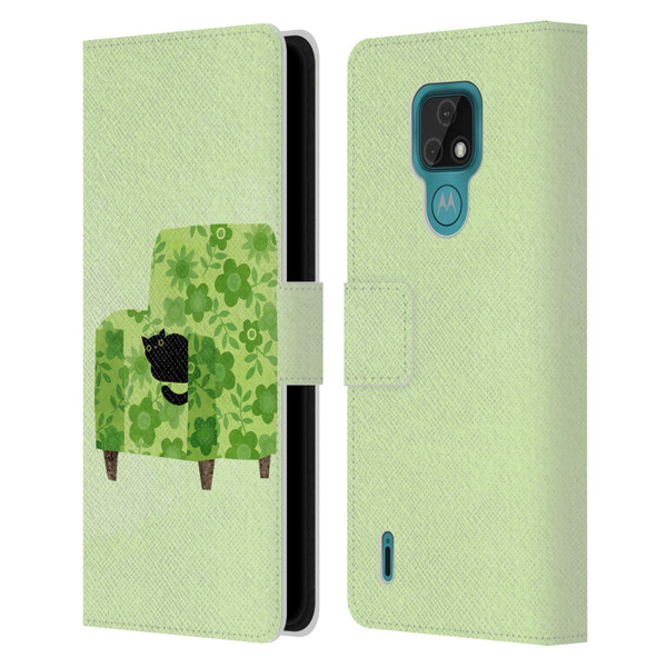 Planet Cat Arm Chair Pear Green Chair Cat Leather Book Wallet Case Cover For Motorola Moto E7