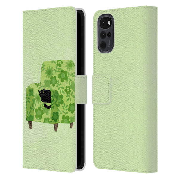 Planet Cat Arm Chair Pear Green Chair Cat Leather Book Wallet Case Cover For Motorola Moto G22