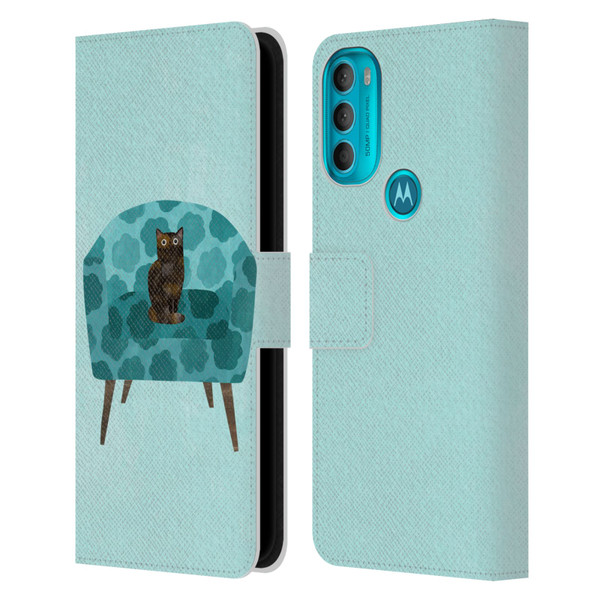 Planet Cat Arm Chair Teal Chair Cat Leather Book Wallet Case Cover For Motorola Moto G71 5G