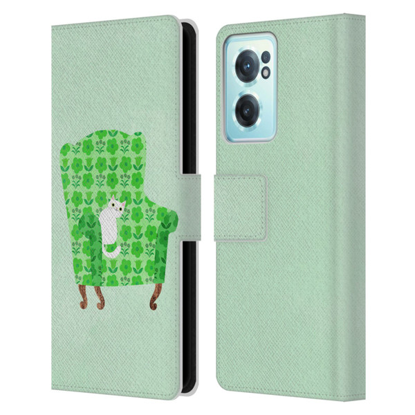 Planet Cat Arm Chair Spring Green Chair Cat Leather Book Wallet Case Cover For OnePlus Nord CE 2 5G