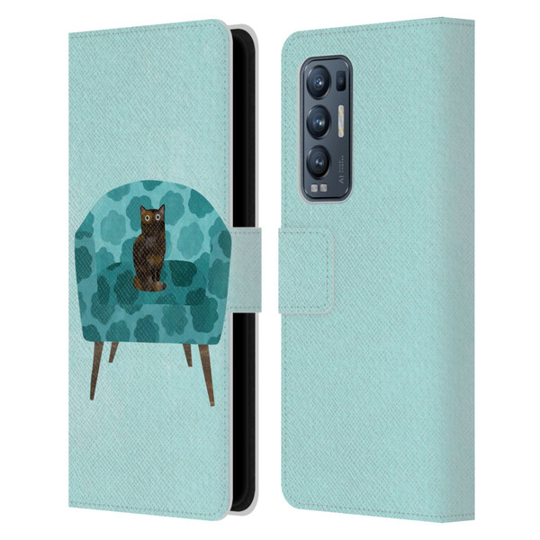 Planet Cat Arm Chair Teal Chair Cat Leather Book Wallet Case Cover For OPPO Find X3 Neo / Reno5 Pro+ 5G