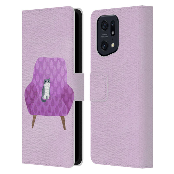 Planet Cat Arm Chair Lilac Chair Cat Leather Book Wallet Case Cover For OPPO Find X5 Pro