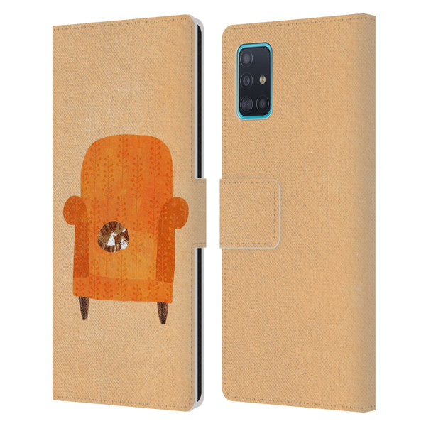 Planet Cat Arm Chair Orange Chair Cat Leather Book Wallet Case Cover For Samsung Galaxy A51 (2019)