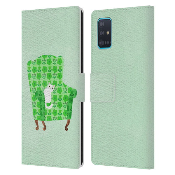 Planet Cat Arm Chair Spring Green Chair Cat Leather Book Wallet Case Cover For Samsung Galaxy A51 (2019)