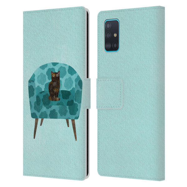 Planet Cat Arm Chair Teal Chair Cat Leather Book Wallet Case Cover For Samsung Galaxy A51 (2019)