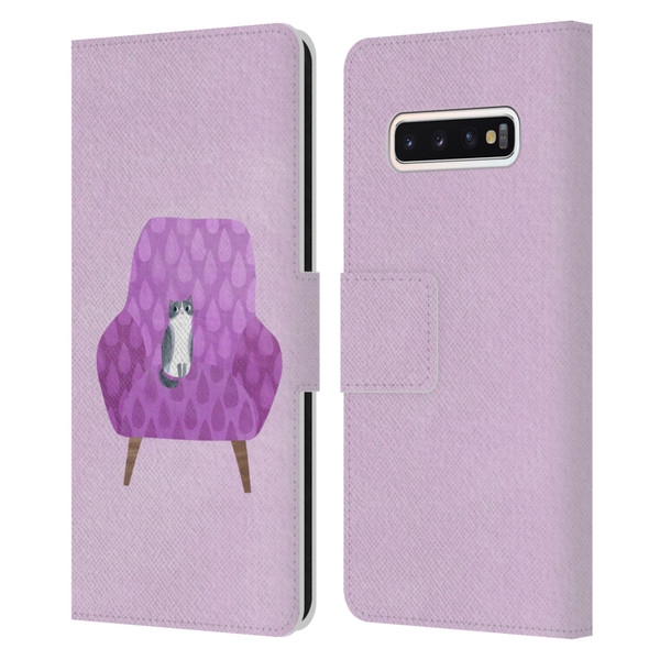 Planet Cat Arm Chair Lilac Chair Cat Leather Book Wallet Case Cover For Samsung Galaxy S10