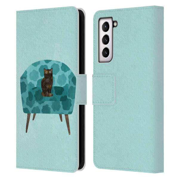 Planet Cat Arm Chair Teal Chair Cat Leather Book Wallet Case Cover For Samsung Galaxy S21 5G