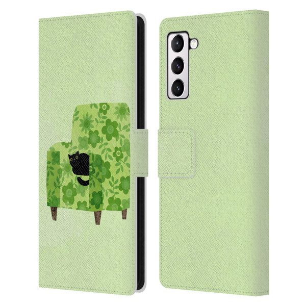 Planet Cat Arm Chair Pear Green Chair Cat Leather Book Wallet Case Cover For Samsung Galaxy S21+ 5G