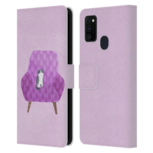 Planet Cat Arm Chair Lilac Chair Cat Leather Book Wallet Case Cover For Samsung Galaxy M30s (2019)/M21 (2020)