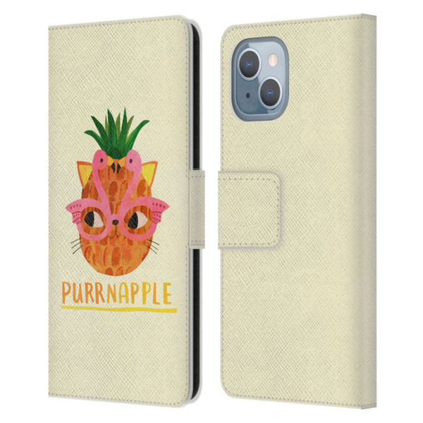 Planet Cat Puns Purrnapple Leather Book Wallet Case Cover For Apple iPhone 14