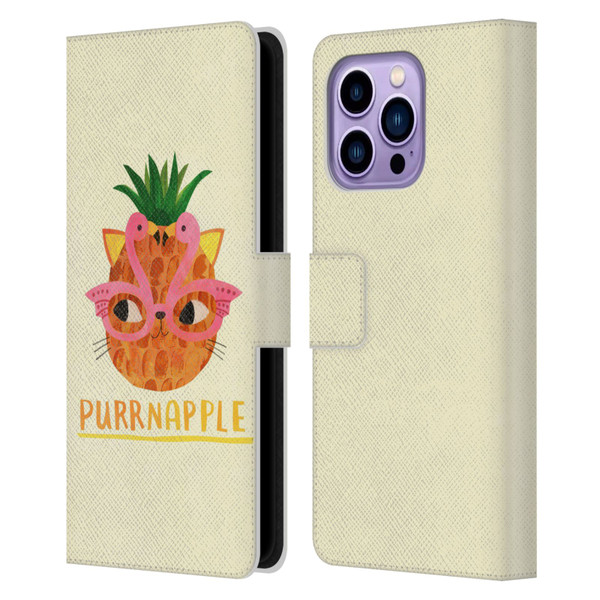 Planet Cat Puns Purrnapple Leather Book Wallet Case Cover For Apple iPhone 14 Pro Max
