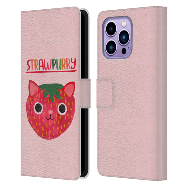 Planet Cat Puns Strawpurry Leather Book Wallet Case Cover For Apple iPhone 14 Pro Max