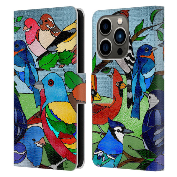 Suzan Lind Birds Stained Glass Leather Book Wallet Case Cover For Apple iPhone 14 Pro