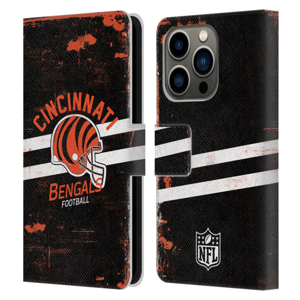 NFL Cincinnati Bengals Logo Art Helmet Distressed Leather Book Wallet Case Cover For Apple iPhone 14 Pro