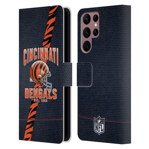 NFL Cincinnati Bengals Logo Art Football Stripes Leather Book Wallet Case Cover For Samsung Galaxy S22 Ultra 5G
