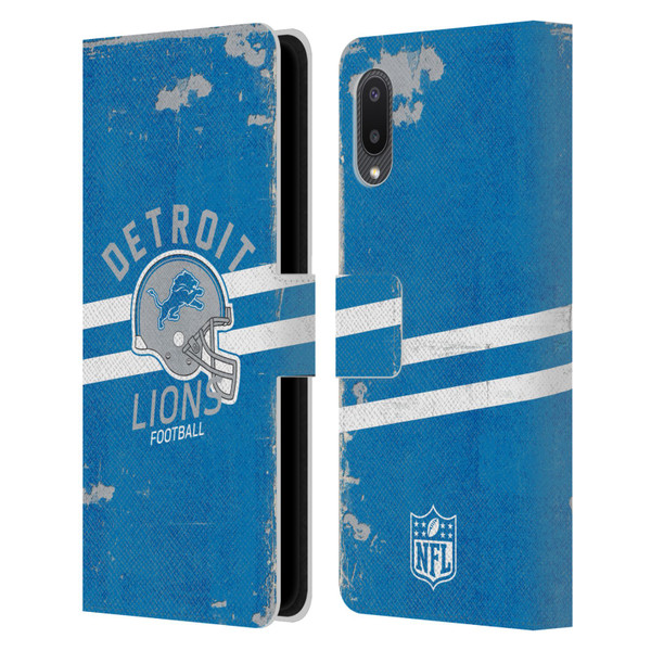 NFL Detroit Lions Logo Art Helmet Distressed Leather Book Wallet Case Cover For Samsung Galaxy A02/M02 (2021)